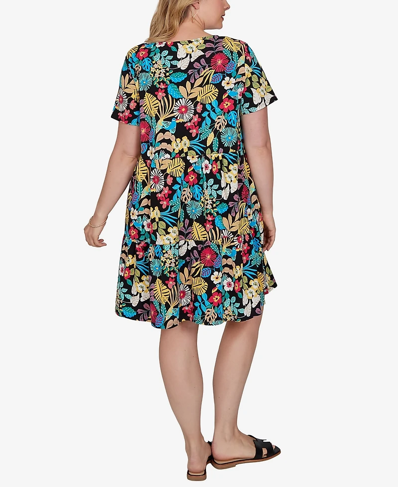Ruby Rd. Plus Tropical Print Tiered Cotton Knit Pocket Dress
