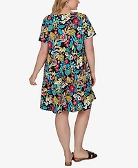 Ruby Rd. Plus Tropical Print Tiered Cotton Knit Pocket Dress