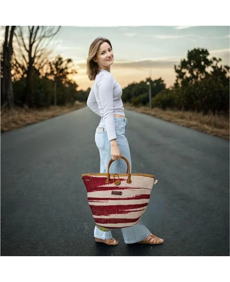 Sawa Sawa Crimson Courage Handwoven Red & White Sisal Straw Basket Tote