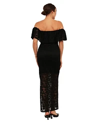 24seven Comfort Apparel Women's Lace Off-the-Shoulder Side- Slit Bodycon Maxi Dress