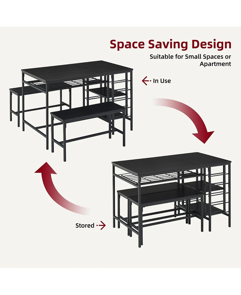homfan 3 Piece Dining Table Set with Tuck-In Benches, Wine Bottle Storage, Stemware Holder and Adjustable Shelving Home Bar