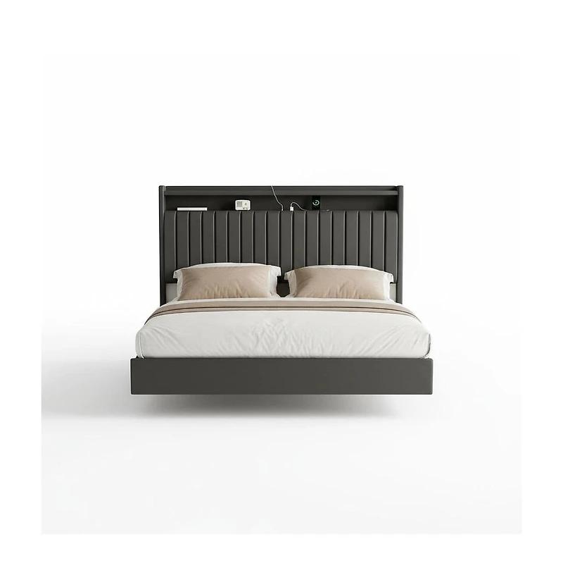 homfan floating platform bed frame with hidden legs, app-controlled Rgb Led lighting, headboard shelf, charging station, no box spring needed