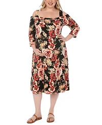White Mark Plus Cold Shoulder Floral Print Maternity Dress