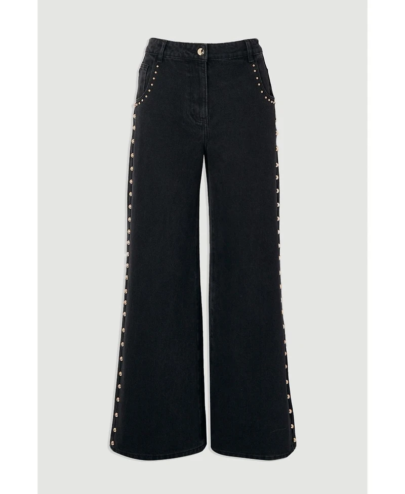 Karen Millen Women's Denim Studded Wide Leg Jeans