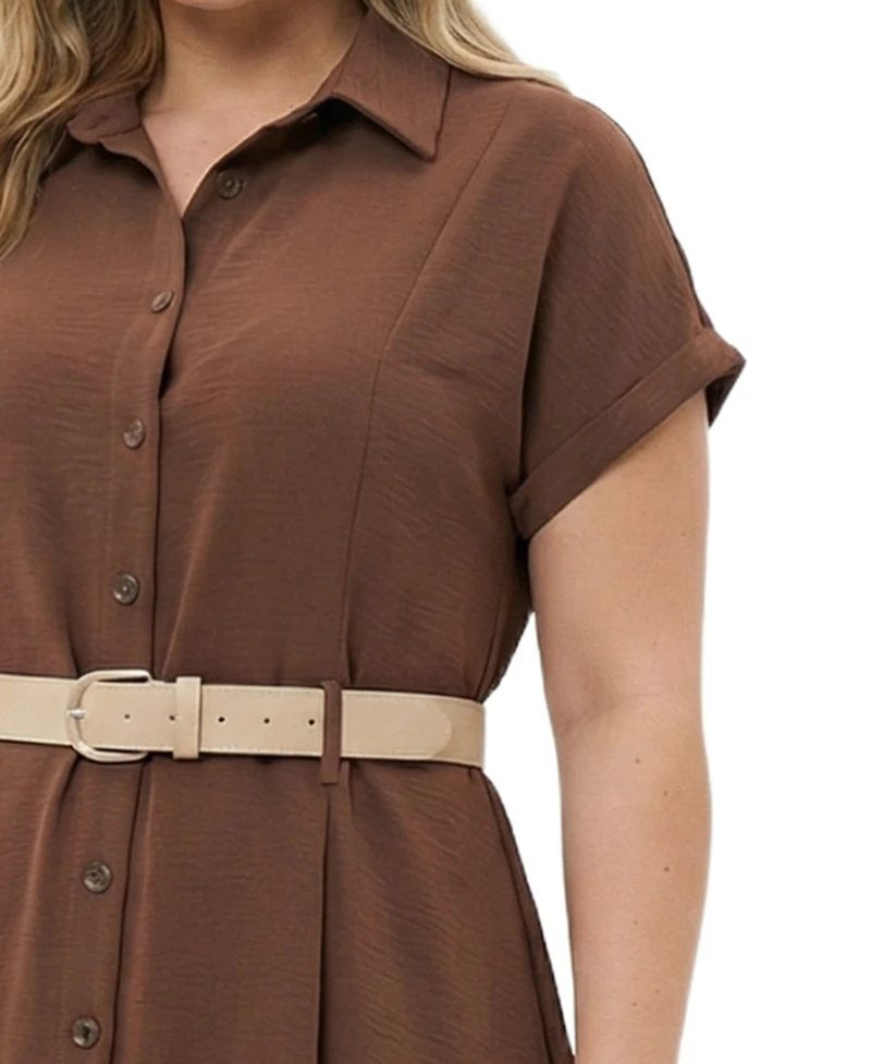 Ny Collection Plus Short Sleeve Button Front Belted A-Line Dress