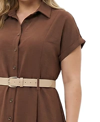 Ny Collection Plus Short Sleeve Button Front Belted A-Line Dress