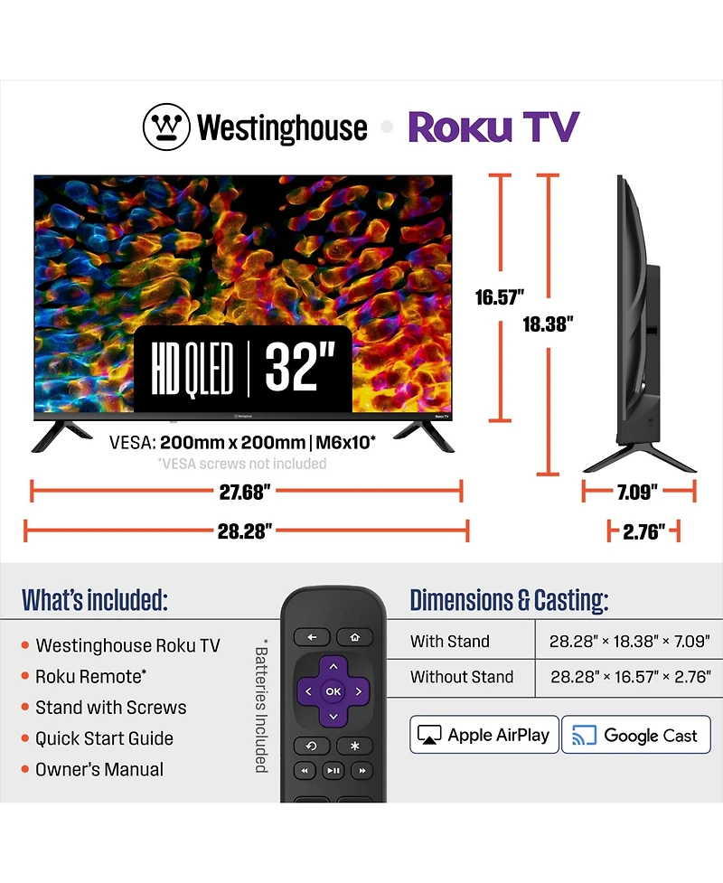 Westinghouse 32" Roku Smart Tv, Hd Qled, Dolby Digital+, Wi-Fi, Bluetooth, AirPlay, Alexa & Google Assistant Compatible