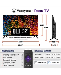 Westinghouse 32" Roku Smart Tv, Hd Qled, Dolby Digital+, Wi-Fi, Bluetooth, AirPlay, Alexa & Google Assistant Compatible