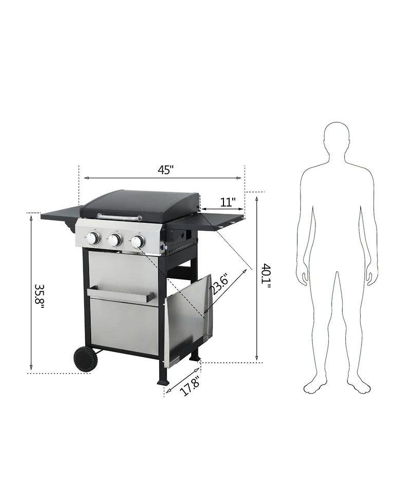 Asagikoiai 3-Burner Propane Gas Grill with Foldable Side Tables and Ss Plancha