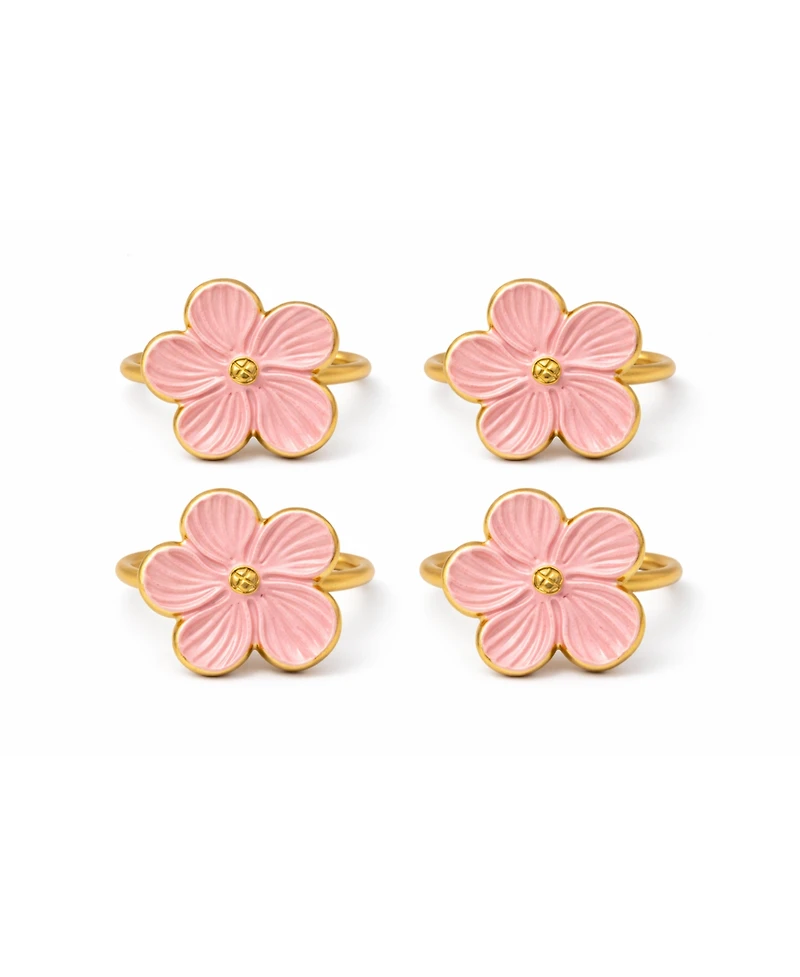 Dainty Home Pink Enamel Flower Napkin Rings Set of 4, Metal Floral Table Decor