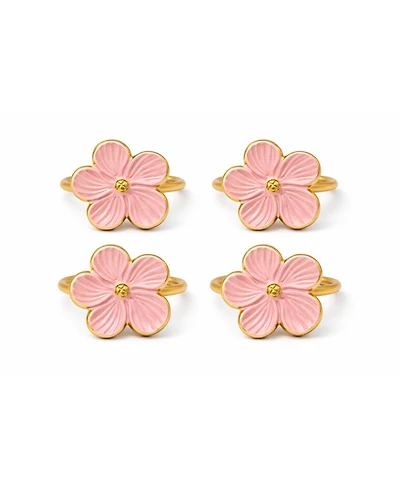 Dainty Home Pink Enamel Flower Napkin Rings Set of 4, Metal Floral Table Decor