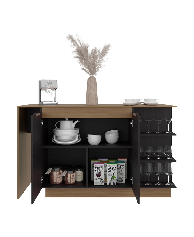 flynama Kitchen Bar Counter with Shelves and Cabinets, Wengue