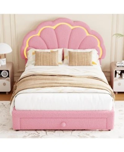 Homfan Upholstered Platform Bed Frame With Led Petal Headboard Storage Drawer Kids Bed With Wood Slat Support No Box Spring Needed