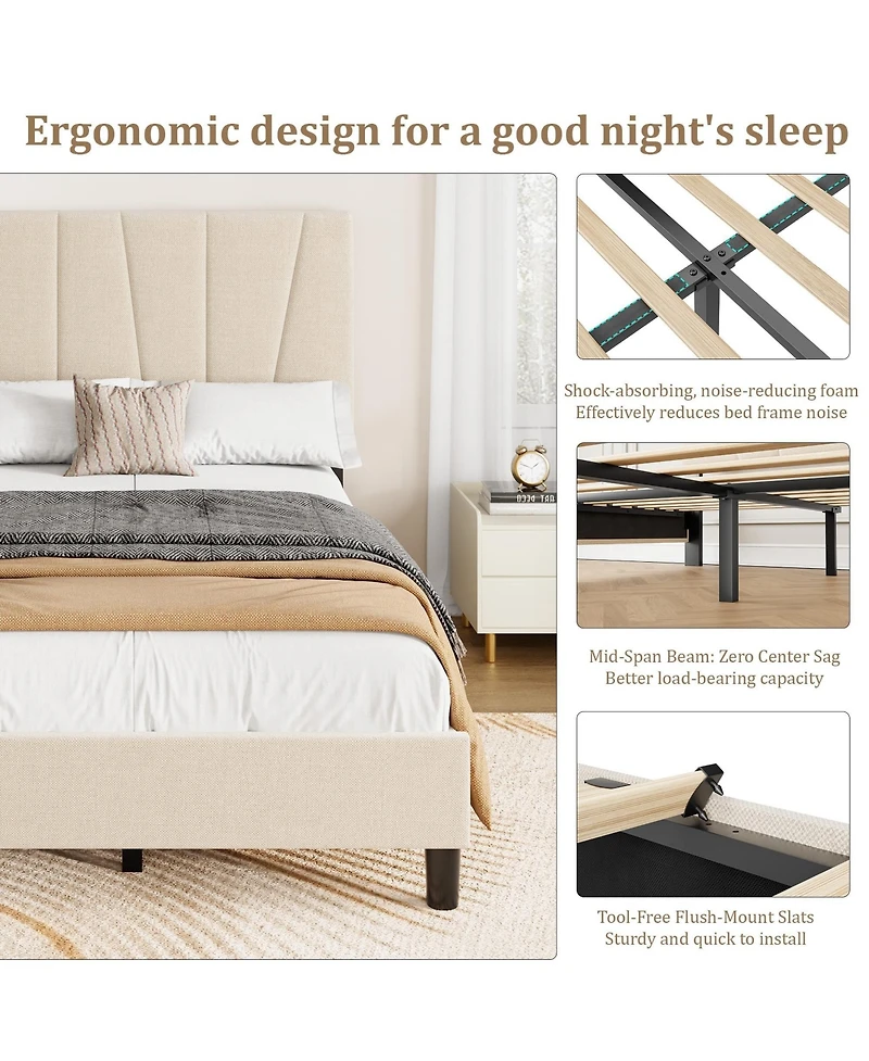 homfan Linen Upholstered Platform Bed Frame with 3-Level Adjustable Headboard, Wood Slat Support, Quiet Design