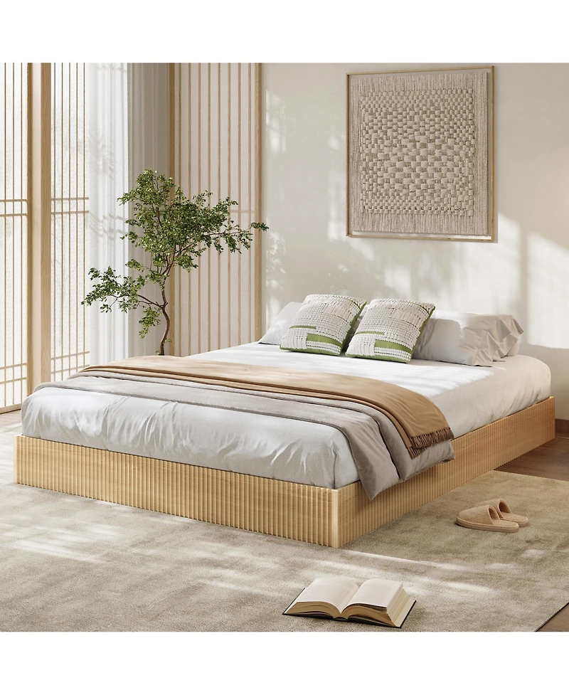 homfan Wood Platform Bed Frame with Fluted Design, Low Profile Bed, Quiet Slat Support
