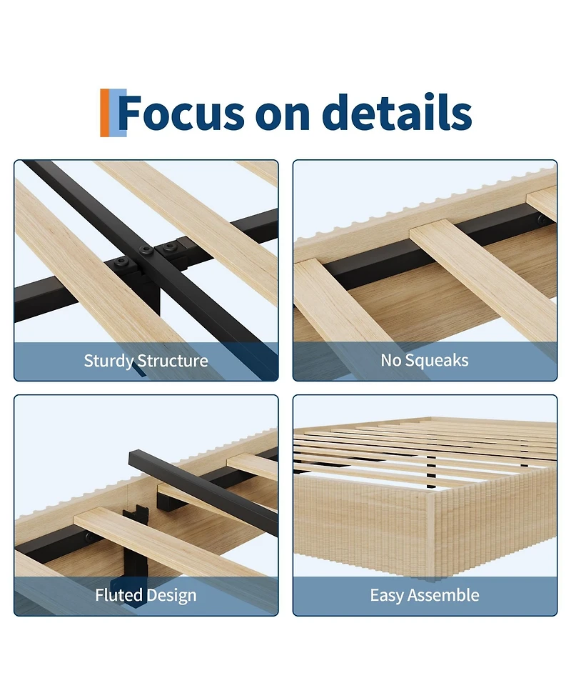 homfan Wood Platform Bed Frame with Fluted Design, Low Profile Bed, Quiet Slat Support