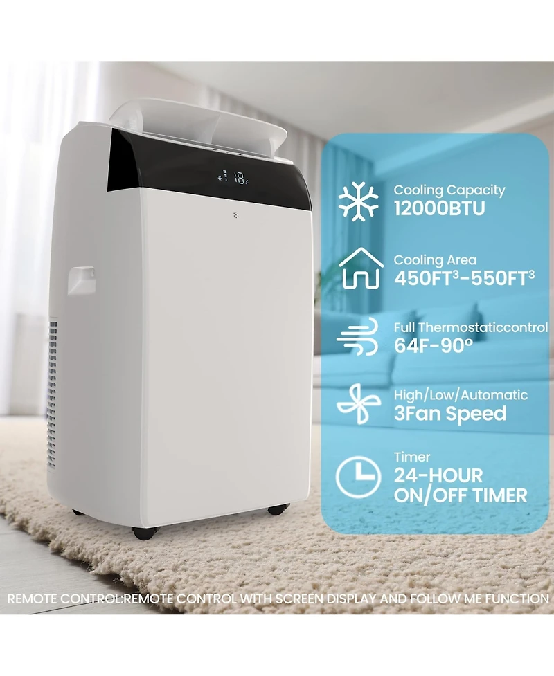 Xo 12,000 Btu Portable Ac for Rooms up to 550 Sq. Ft. with Cooling, Drying and Fan, Eco, Sleep, Led Display, Remote