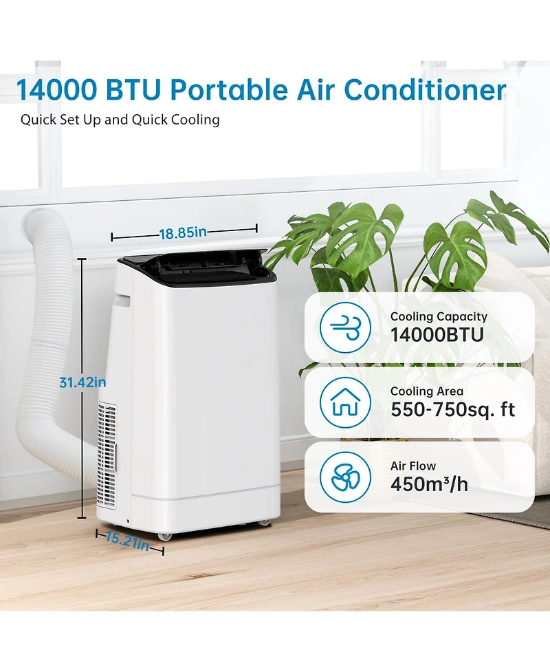 Xo 14,000 Btu Portable Air Conditioner, 3-in-1 Cooling, Fan and Dehumidifier, Smart Sleep Mode, Remote, Window Kit