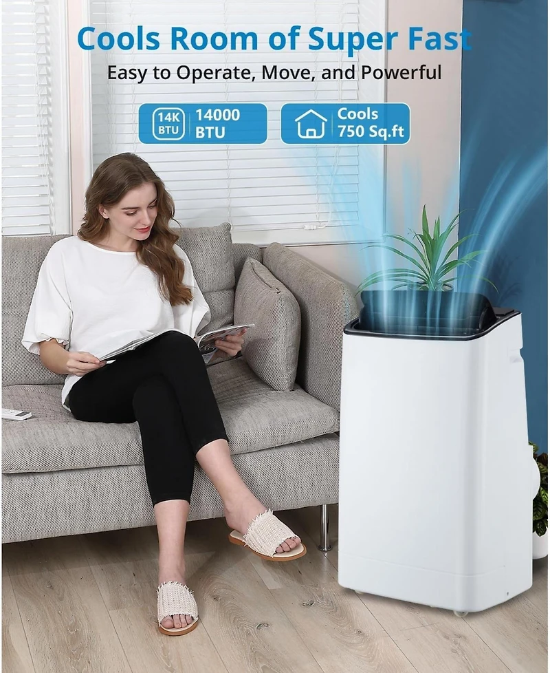 Xo 14,000 Btu Portable Air Conditioner with 3-in-1 Cooling, Dehumidifier and Fan, Remote, Hidden Handles and Window Kit