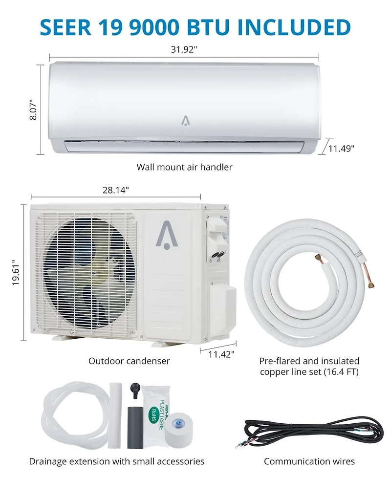 Xo 9000 Btu Mini Split Ac and Heat Pump, 19 SEER2 Inverter, WiFi and Alexa, 115V, Cools 450 Sq. Ft, Installation Kit