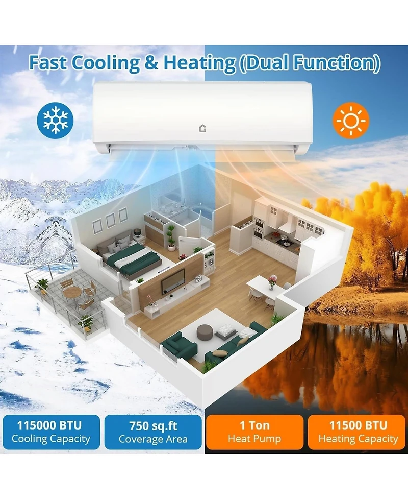 Xo 11500 Btu Mini Split Ac and Heat Pump, 17 SEER2 Inverter, WiFi and Alexa, Cools 750 Sq. Ft, 115V Kit