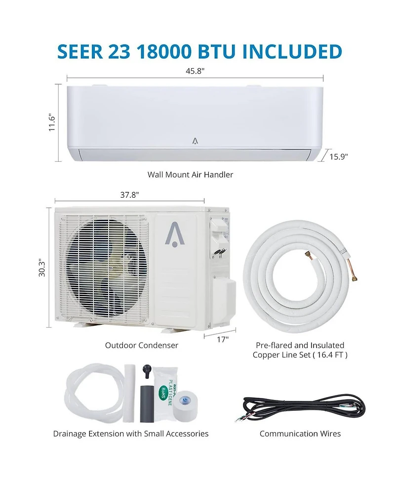 Xo 23 SEER2 208-230V Wall-Mounted Ductless Ac Unit, 18000BTU Mini Split Air Conditioner with Heater Cools Rooms Up to 1250 Sq. Ft.