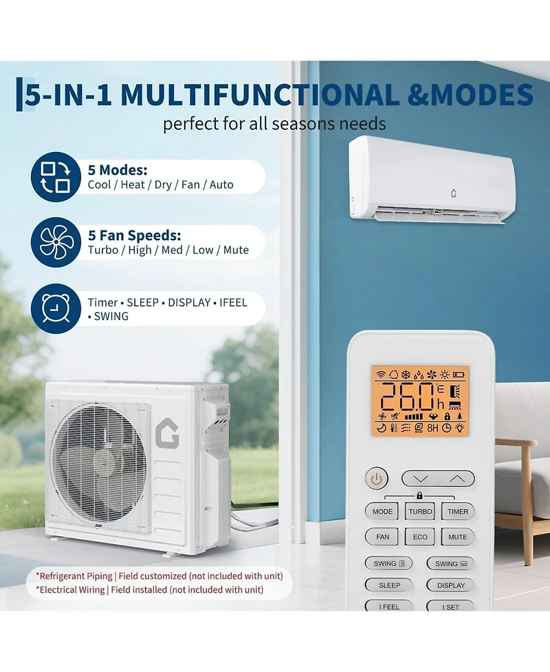 Xo 35000 Btu 3-Zone Mini Split Ac and Heat Pump, 9k+9k+24k, 19 SEER2, WiFi Alexa, Pre-Charged, 230V