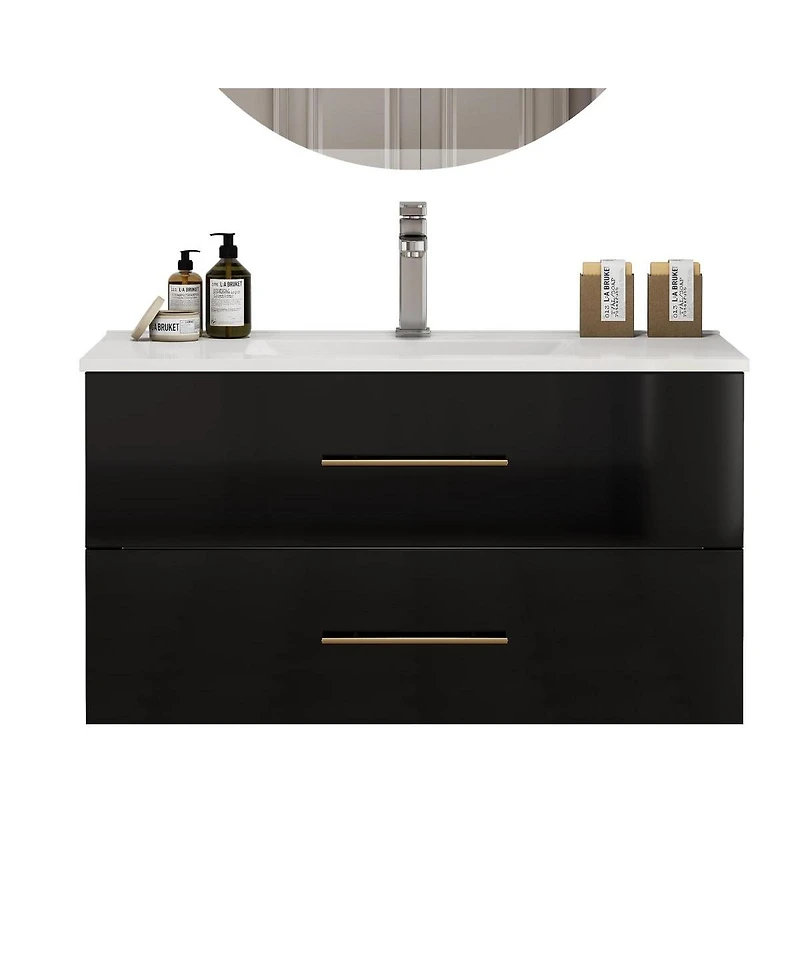 Sillysis Wall Mounted Bathroom Vanity with Ceramic Sink, Double Drawers, Modern Glossy Cabinet for Small Spaces