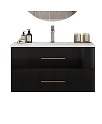 Sillysis Wall Mounted Bathroom Vanity with Ceramic Sink, Double Drawers, Modern Glossy Cabinet for Small Spaces
