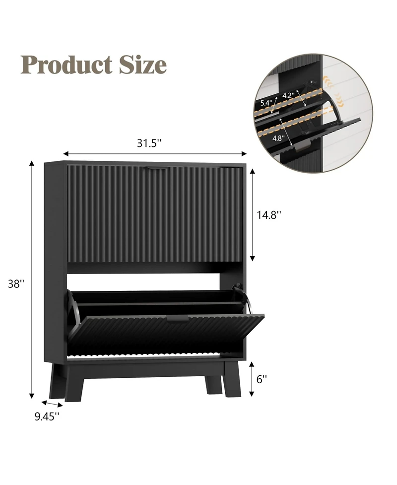 Yigii Fluted Shoe Cabinet 4 Flip Drawers Slim Entryway Storage Organizer