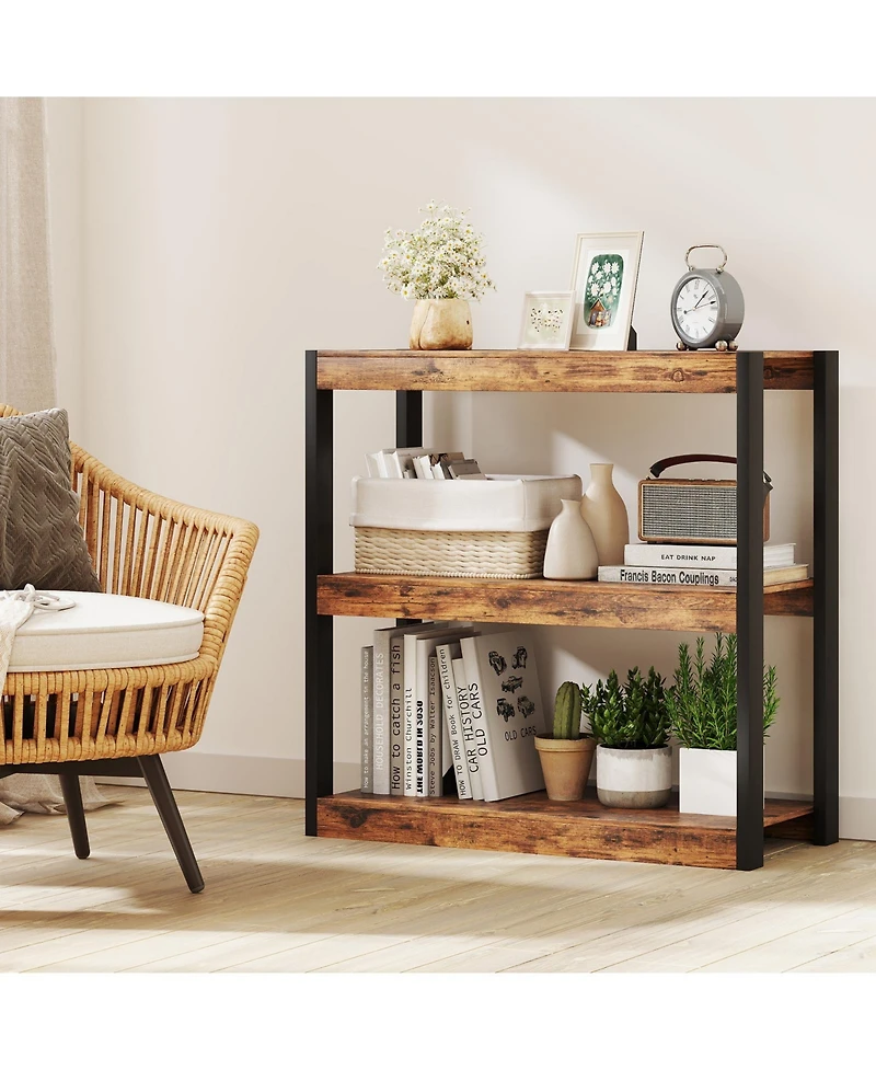 Gymax 3 Tier Bookshelf Wooden Bookcase with Dual Anti Tipping Kits Open Shelving Unit