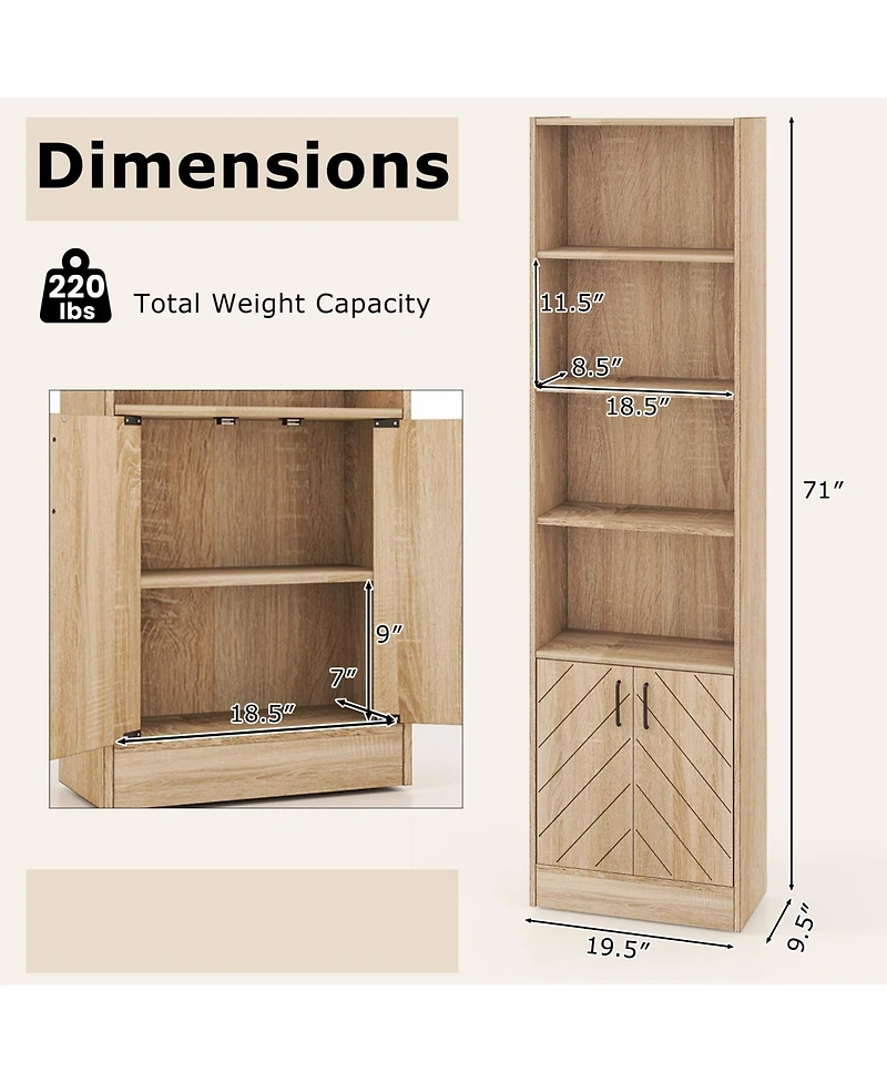 Gymax 2 Pieces 71 Inch Bookshelf with 2 Door Cabinet 6 Tier Bookcase Tall Storage Cabinet Display Rack