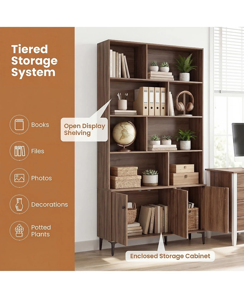 Gymax Bookshelf with Doors 5 Tier Floor Standing Bookcase with 2 Anti Tipping Kits