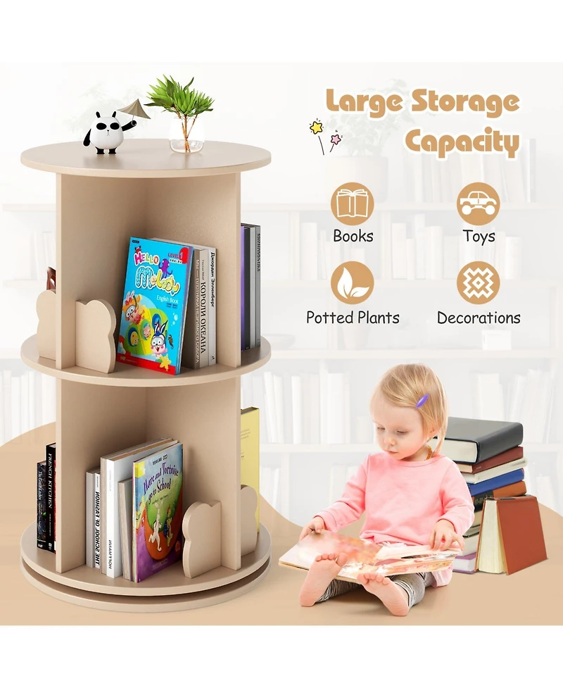 Gymax Kids Rotating Bookshelf Round Spinning Corner Bookcase with Bear Baffles