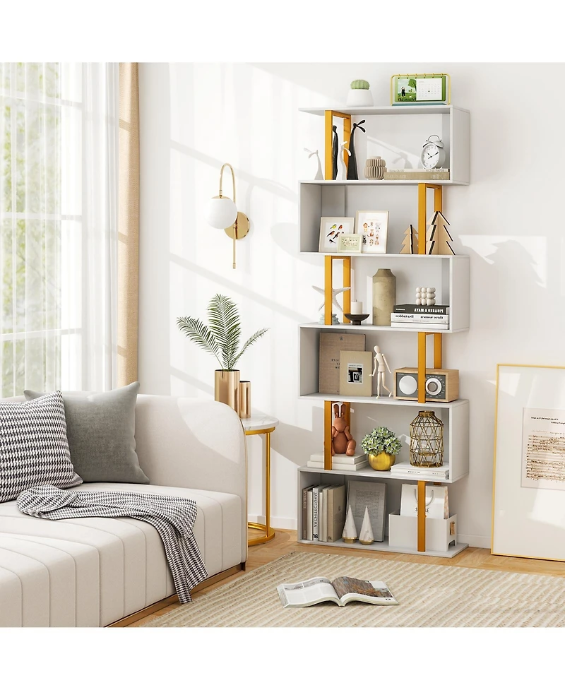 Gymax 2 Pieces 6 Tier Geometric Bookcase 74.5 Inch S Shaped Bookshelf with Metal Frame