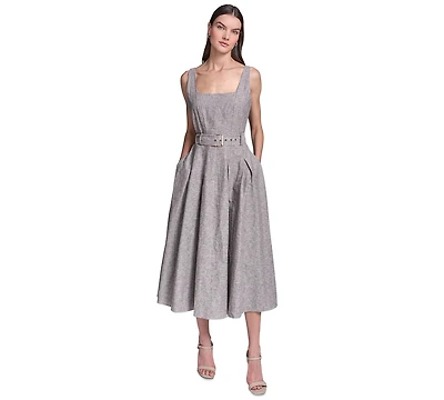Karl Lagerfeld Paris Women's Fit and Flare Belted Midi Linen Dress
