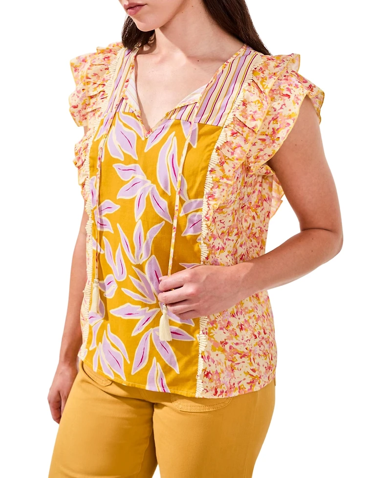 Tribal Women's Mixed Print Notch Neck Top
