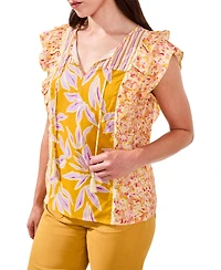 Tribal Women's Mixed Print Notch Neck Top