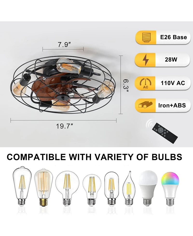 Clihome 20' inch Caged Ceiling Fan With Light, Low Profile Ceiling Fan With Remote Control