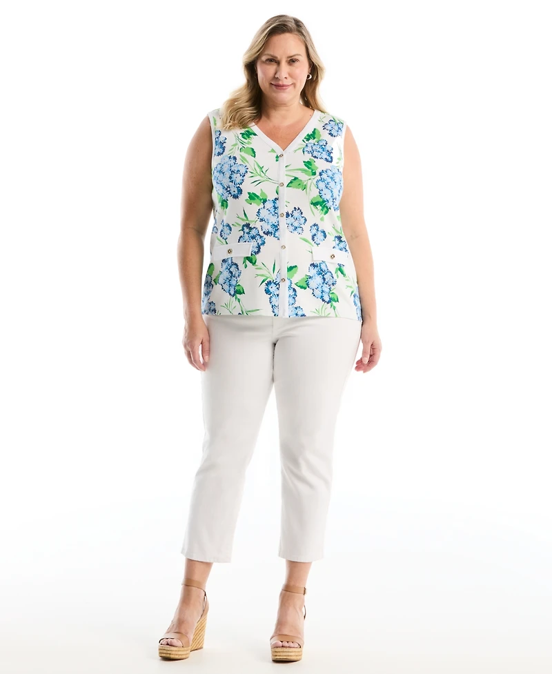 Rafaella Plus Pom Floral Print Button Front Sleeveless Tank Top