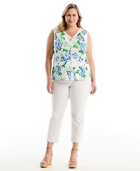 Rafaella Plus Pom Floral Print Button Front Sleeveless Tank Top