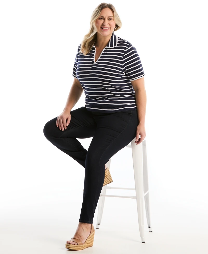 Rafaella Plus Striped Contrast Trim Johnny Collar Short Sleeve Polo Shirt