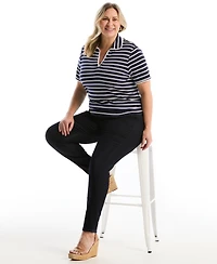 Rafaella Plus Striped Contrast Trim Johnny Collar Short Sleeve Polo Shirt