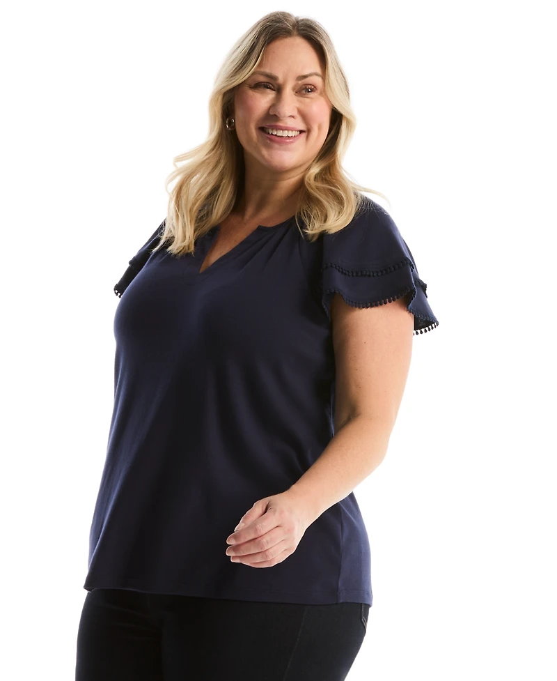 Rafaella Plus Eyelet Flutter Sleeve Split Neck Short Top