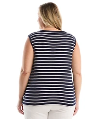 Rafaella Plus Striped Button Front Sleeveless Tank Top