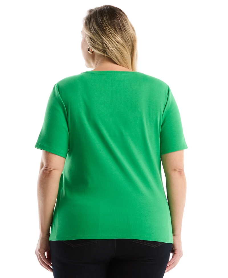 Rafaella Plus Welt Pocket Button Detail Short Sleeve Top
