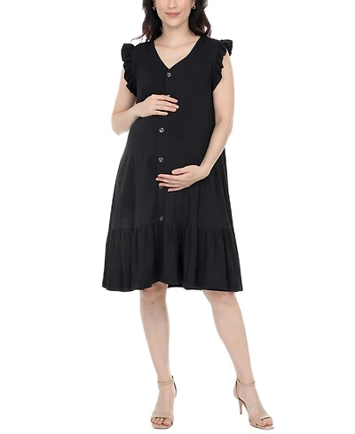 White Mark Women's Flutter-Sleeve Button-Front Tiered Maternity Dress