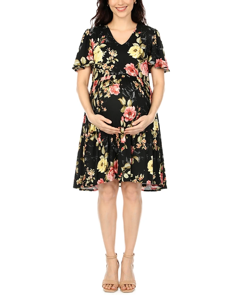 White Mark Women's Floral Print V-Neck Maternity Dress