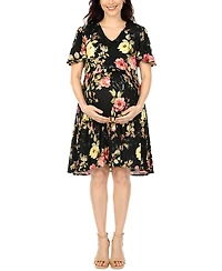 White Mark Women's Floral Print V-Neck Maternity Dress