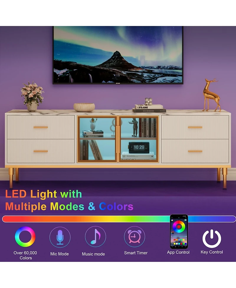 homfan Contemporary Fluted Tv Stand with Adjustable Led Lighting, Drawers and Open Shelves, Reinforced Engineered Wood Metal Legs